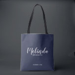 Modern Script Navy Blue Personalised Bridesmaids Tote Bag<br><div class="desc">Modern Script Navy Blue Personalised Bridesmaids Tote Bag
featuring personalised bridesmaid's name in modern calligraphy font style with title and wedding date in modern sans serif font style on navy blue background.

Also perfect for Maid of Honour,  Flower Girl,  Mother of the Bride and more.</div>