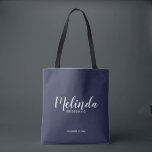 Modern Script Navy Blue Personalised Bridesmaids Tote Bag<br><div class="desc">Modern Script Navy Blue Personalised Bridesmaids Tote Bag
featuring personalised bridesmaid's name in modern calligraphy font style with title and wedding date in modern sans serif font style on navy blue background.

Also perfect for Maid of Honour,  Flower Girl,  Mother of the Bride and more.</div>