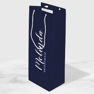 Modern Script Navy Blue Personalised Bridesmaids Wine Gift Bag