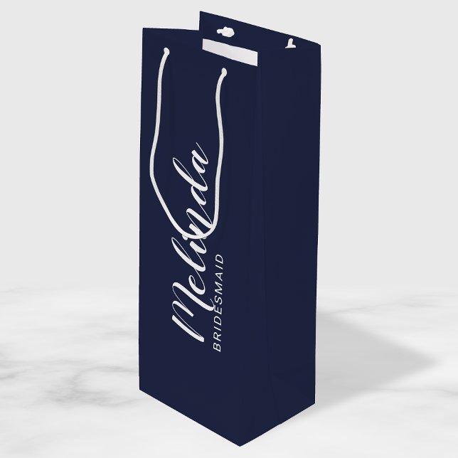 Modern Script Navy Blue Personalised Bridesmaids Wine Gift Bag (Creator Uploaded)