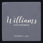 Modern Script Navy Blue Personalised Groomsman Stone Coaster<br><div class="desc">Modern Script Navy Blue Personalised Groomsmen Coaster
featuring personalised groomsman's name in modern calligraphy font style with title and wedding date in modern sans serif font style on navy blue background.

Also perfect for Father of the Bride,  Best man and more.</div>