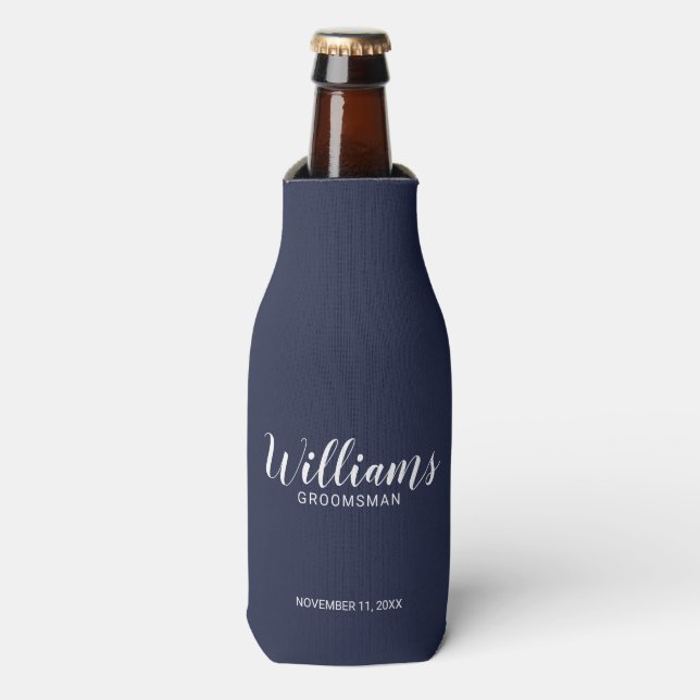 Modern Script Navy Blue Personalised Groomsmen Bottle Cooler (Bottle Front)