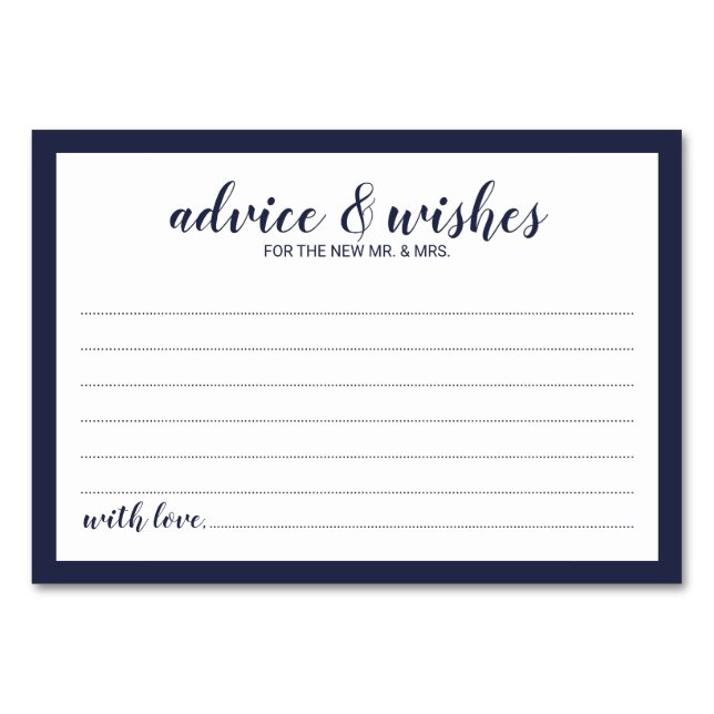 Modern Script Navy Blue Wedding Advice and Wishes Table Number (Front)