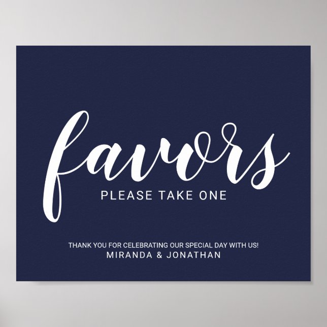 Modern Script Navy Blue Wedding Favours Sign (Front)