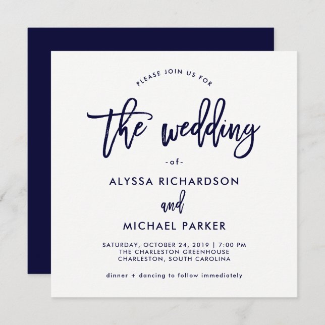 Modern Script | Navy Blue Wedding Invitation (Front/Back)