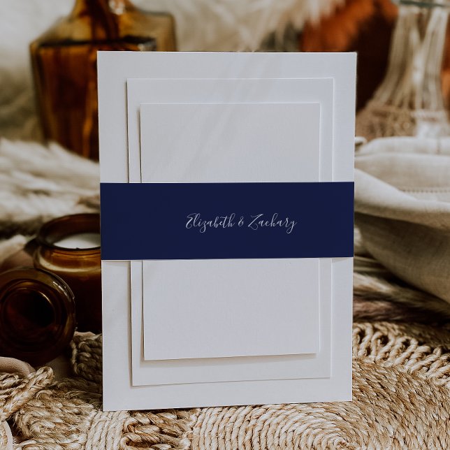Modern Script Navy Blue Wedding Invitation Belly Band (Creator Uploaded)