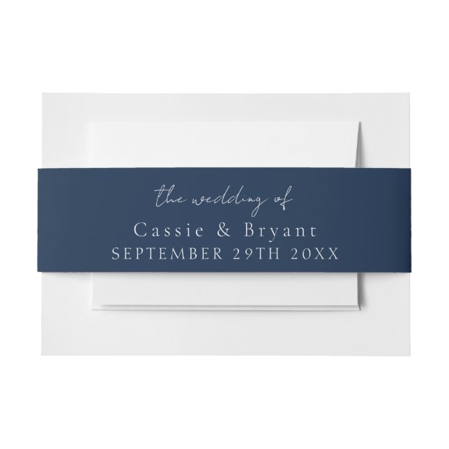 Modern Script Navy Blue Wedding Of Invitation Belly Band (Front Example)