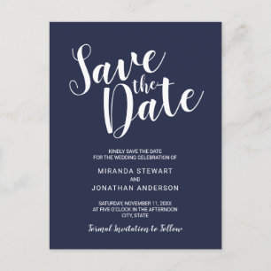 Modern Script Navy Blue Wedding Save the Date Announcement Postcard
