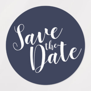 Modern Script Navy Blue Wedding Save the Date Labe