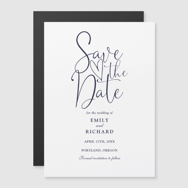 Modern Script Navy Blue Wedding Save The Date Magnetic Invitation (Front/Back)