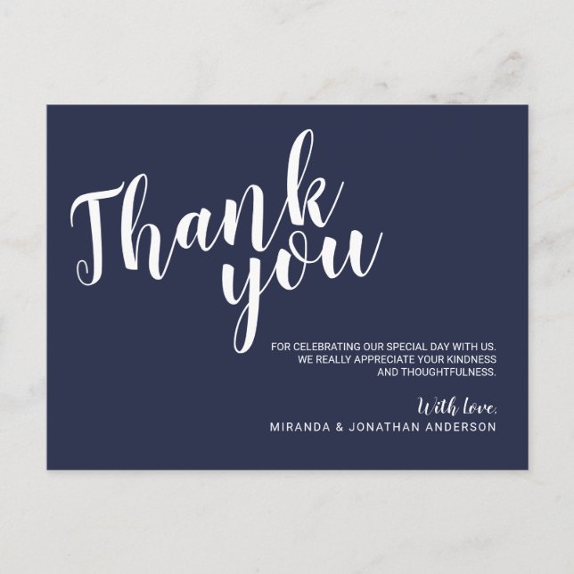 Modern Script Navy Blue Wedding Thank You Postcard (Front)