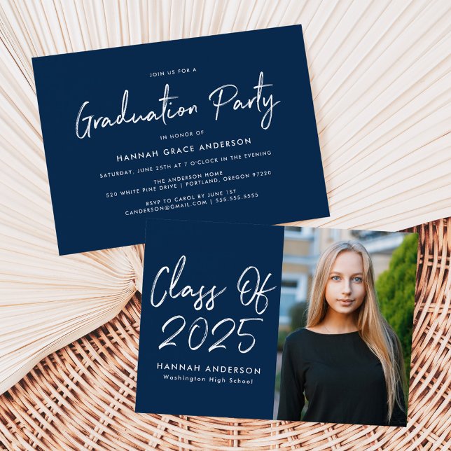 Modern Script Navy Class of 2025 Graduation Party Invitation (Creator Uploaded)
