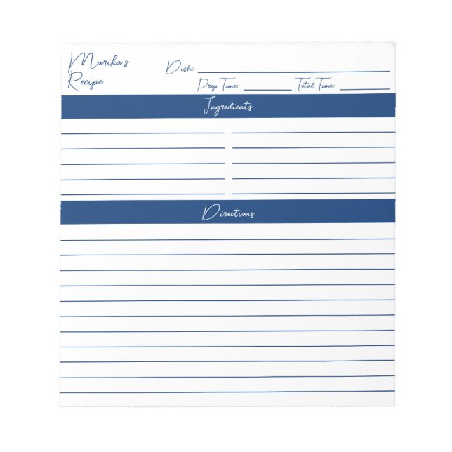 Modern Script Navy Personalised Recipes Notepad (Front)