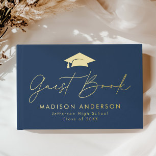 Modern Script Navy Photo Graduation Guest Book