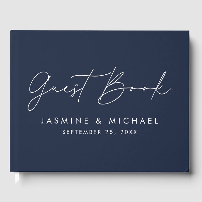 Modern Script Navy Photo Wedding Guest Book (Front)