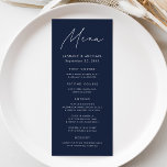 Modern Script Navy Wedding Menu<br><div class="desc">Elevate your wedding reception with our beautifully crafted wedding menu, featuring a sleek handwritten white script on a navy background. Perfect for couples seeking a simple yet sophisticated look, this modern design lets you personalise with your names, wedding date, and menu offerings. Its minimalist style effortlessly complements any wedding theme,...</div>
