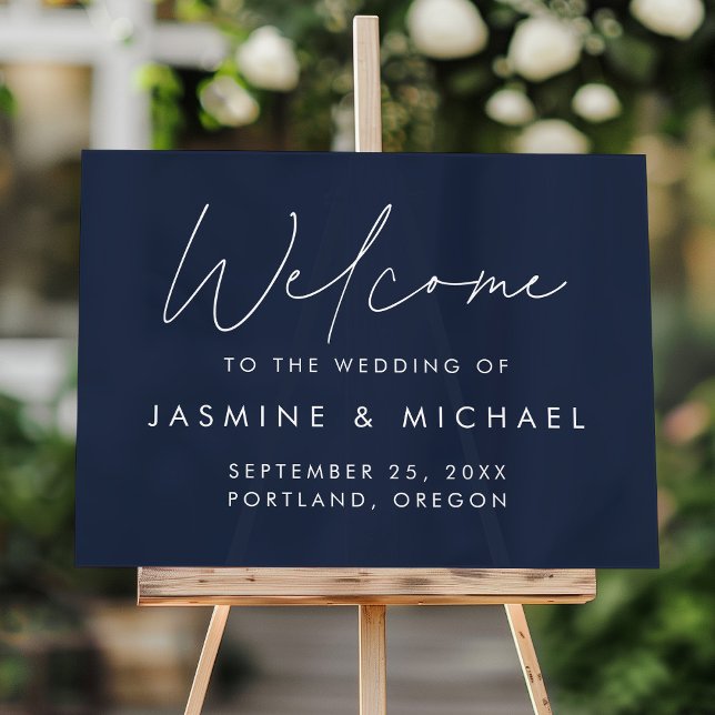 Modern Script Navy Wedding Welcome Acrylic Sign (Creator Uploaded)