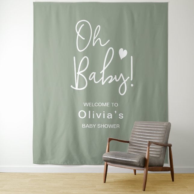 Modern script Neutral Green Baby Shower Oh Baby Tapestry (In Situ)