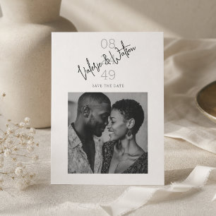Modern Script Numeric Date Black and White Photo Save The Date