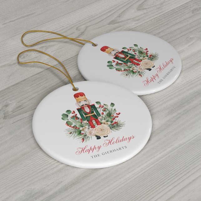Modern Script Nutcracker Happy Holidays Ceramic Tree Decoration (Christmas Nutcracker Happy Holidays Floral Ceramic Ornament Tree Decoration)