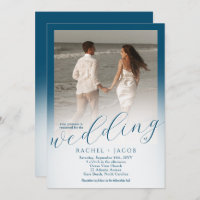Modern Script Ocean Blue Ombre Photo Wedding