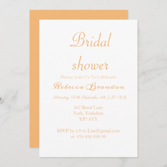 Modern Script Orange Bridal Shower Invitation (Front/Back)