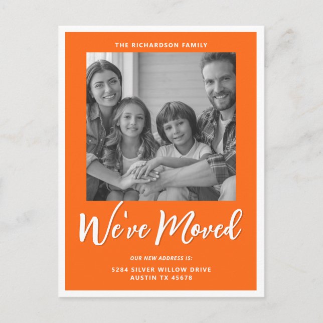 Modern Script Orange Moving Announcement Photo Postcard (Front)