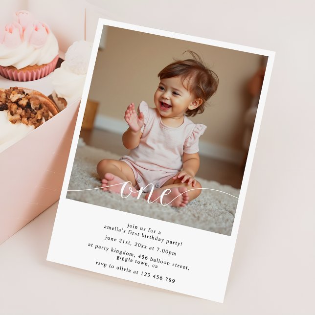 Modern Script Overlay Baby's First Birthday Photo Invitation (Creator Uploaded)