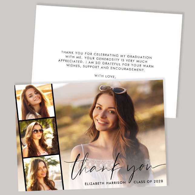 Modern Script Overlay Photo Strip Graduation Thank You Card (Creator Uploaded)