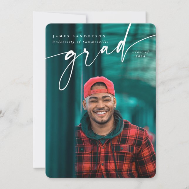 Modern Script Overlay Two Photo Graduation Announcement (Front)