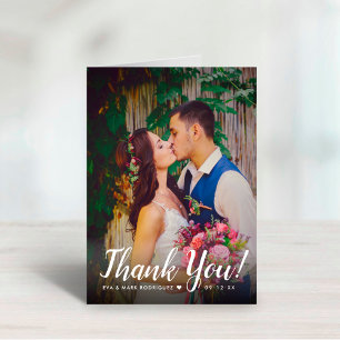 Modern Script Overlay Wedding Photo Thank You Card