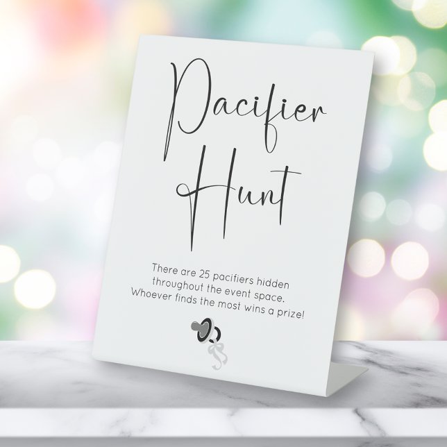 Modern Script Pacifier Hunt Baby Shower Pedestal Sign (Creator Uploaded)