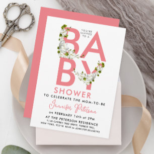 Modern Script Pastel Pink Baby Shower Floral Invitation