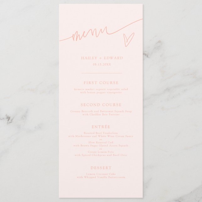 Modern Script Peach Wedding Menu (Front)