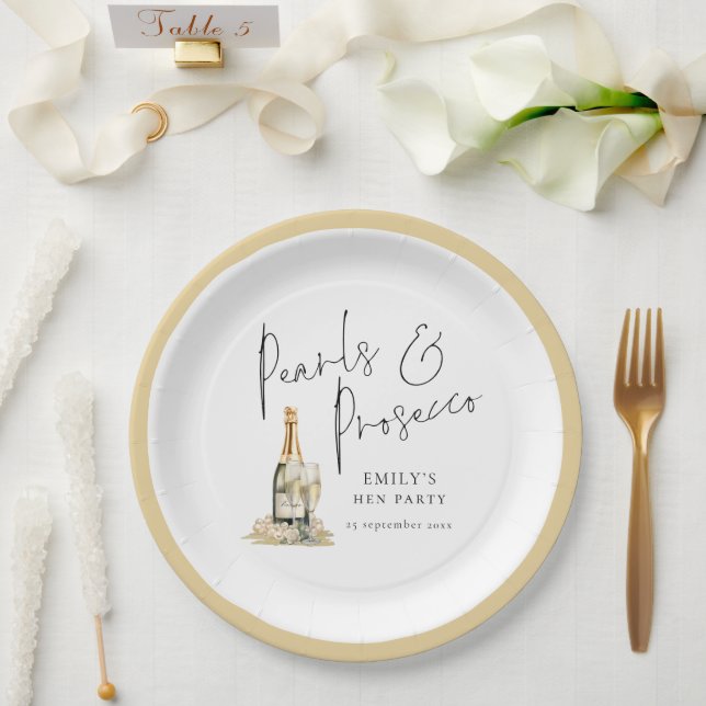 Modern Script Pearls and Prosecco Hen Party Paper Plate (Wedding)