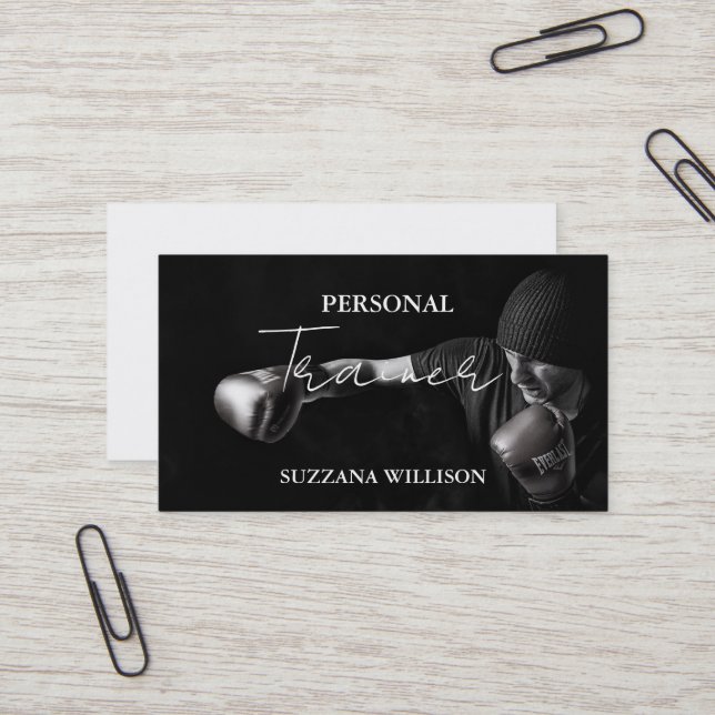 Modern Script Personal Fitness Coach Trainer Photo Business Card (Front/Back In Situ)