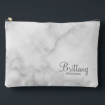 Modern Script Personalised Bridesmaid Accessory Pouch<br><div class="desc">Personalised Bridesmaid Gifts
featuring personalised bridesmaid's name in grey modern script font style with title and wedding date in modern sans serif font style on white marble background.

Also perfect for maid of honour,  mother of the bride,  flower girl and more.</div>