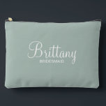Modern Script Personalised Bridesmaid Accessory Pouch<br><div class="desc">Personalised Bridesmaid Gifts
featuring personalised bridesmaid's name in white modern script font style with title and wedding date in modern sans serif font style on sage green background.

Also perfect for maid of honour,  mother of the bride,  flower girl and more.</div>