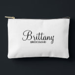 Modern Script Personalised Bridesmaid Accessory Pouch<br><div class="desc">Personalised Bridesmaid Gifts
featuring personalised bridesmaid's name in black modern script font style with title and wedding date in modern sans serif font style on white background.

Also perfect for maid of honour,  mother of the bride,  groomsman,  best man,  father of the bride and more.</div>