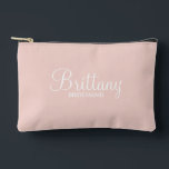Modern Script Personalised Bridesmaid Accessory Pouch<br><div class="desc">Personalised Bridesmaid Gifts
featuring personalised bridesmaid's name in white modern script font style with title and wedding date in modern sans serif font style on blush pink background.

Also perfect for maid of honour,  mother of the bride,  flower girl and more.</div>