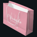 Modern Script Personalised Bridesmaid Blush Pink Large Gift Bag<br><div class="desc">Personalised Bridesmaids Gift Bag featuring personalised bridesmaid's name in white modern script font style and monogram in light blush pink modern script font style as background with title and wedding date in white modern sans serif font style on blush pink background. Also perfect for maid of honour, flower girl, mother...</div>