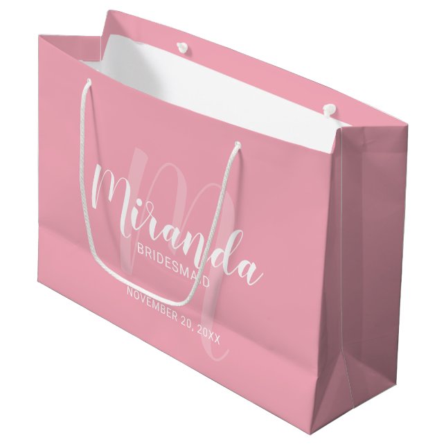 Modern Script Personalised Bridesmaid Blush Pink Large Gift Bag (Front Angled)