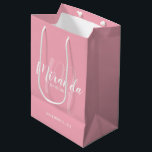 Modern Script Personalised Bridesmaid Blush Pink Medium Gift Bag<br><div class="desc">Personalised Bridesmaids Gift Bag featuring personalised bridesmaid's name in white modern script font style and monogram in light blush pink modern script font style as background with title and wedding date in white modern sans serif font style on blush pink background. Also perfect for maid of honour, flower girl, mother...</div>