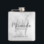 Modern Script Personalised Bridesmaid Flask<br><div class="desc">Add a personal touch to your wedding with personalised bridesmaid flask. This flask features personalised bridesmaid's name in grey modern script font style and monogram in light grey modern script font style as background with title and wedding date in grey modern sans serif font style on white marble background. Also...</div>