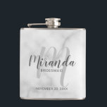 Modern Script Personalised Bridesmaid Flask<br><div class="desc">Add a personal touch to your wedding with personalised bridesmaid flask. This flask features personalised bridesmaid's name in grey modern script font style and monogram in light grey modern script font style as background with title and wedding date in grey modern sans serif font style on white marble background. Also...</div>