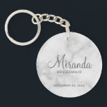 Modern Script Personalised Bridesmaid Key Ring<br><div class="desc">Add a personal touch to your wedding with personalised bridesmaid keychain. This keychain features personalised bridesmaid's name in grey modern script font style with title and wedding date in grey modern sans serif font style on white marble background. Also perfect for maid of honour, mother of the bride and more....</div>