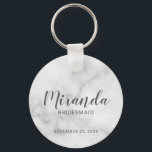 Modern Script Personalised Bridesmaid Key Ring<br><div class="desc">Add a personal touch to your wedding with personalised bridesmaid keychain. This keychain features personalised bridesmaid's name in grey modern script font style with title and wedding date in grey modern sans serif font style on white marble background. Also perfect for maid of honour, mother of the bride and more....</div>