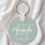 Modern Script Personalised Bridesmaid Key Ring<br><div class="desc">Add a personal touch to your wedding with personalised bridesmaid keychain. This keychain features personalised bridesmaid's name in white modern script font style and monogram in sage green modern script font style as background with title and wedding date in white modern sans serif font style on sage green background. Also...</div>
