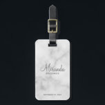 Modern Script Personalised Bridesmaid Luggage Tag<br><div class="desc">Add a personal touch to your wedding with personalised bridesmaid luggage tag. This luggage tag features personalised bridesmaid's name in grey modern script font style with title and wedding date in grey modern sans serif font style on white marble background. Also perfect for maid of honour, mother of the bride...</div>