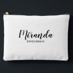 Modern Script Personalised Bridesmaid Name Accessory Pouch<br><div class="desc">Modern Script Personalised Bridesmaid Gift
featuring personalised bridesmaid's name in black modern script font style with title and wedding date in modern sans serif font style on white background.

Also perfect for maid of honour,  flower girl,  mother of the bride,  groomsman,  best man and more.</div>
